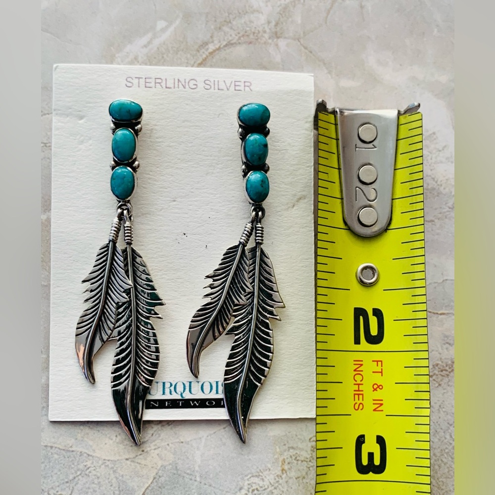 Sterling Silver and Turquoise Feather Dangle Earrings - Picture 5 of 8